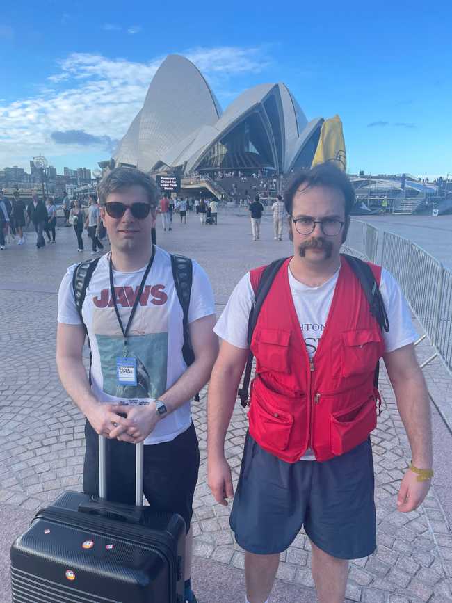 On the way to our Opera House performance, yellow thing behind Lloyd is our tote bag over the top of his guitar as we didn't have a proper case and put it into his backpack with the zip open at the top.